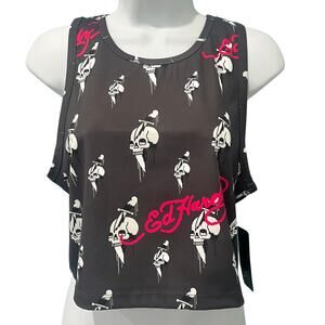 Ed Hardy Gray White Skull Knife Logo Cropped Tank Top size L NEW Tags Racerback